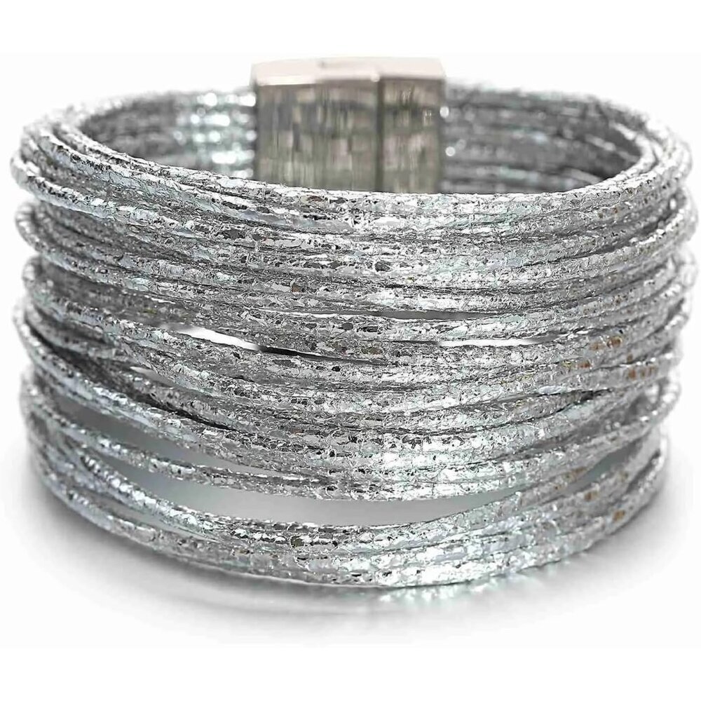 Women's String Silver Boho Leather Wrap Multi Layer Pearl Crystal Bracelets